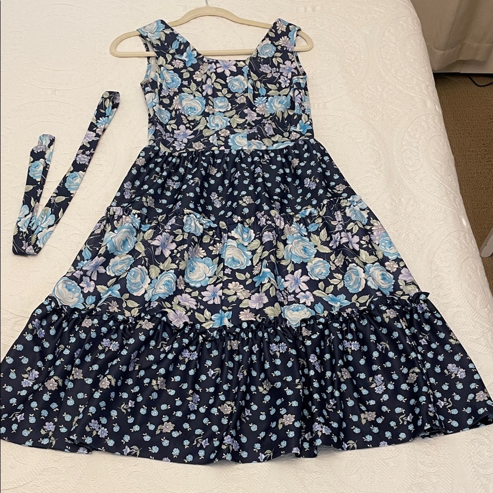 Floral Blue and Black Vintage Dress